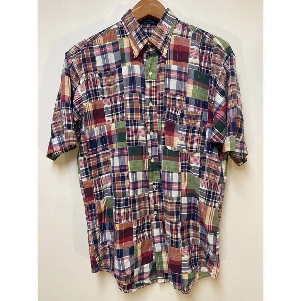 Bay Hill Collection Patchwork Button Down Men Medium Short Sleeve Plaid - Picture 1 of 9